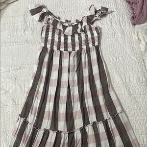 Pink and Brown Ruched Off the Shoulder Sleeveless Sundress